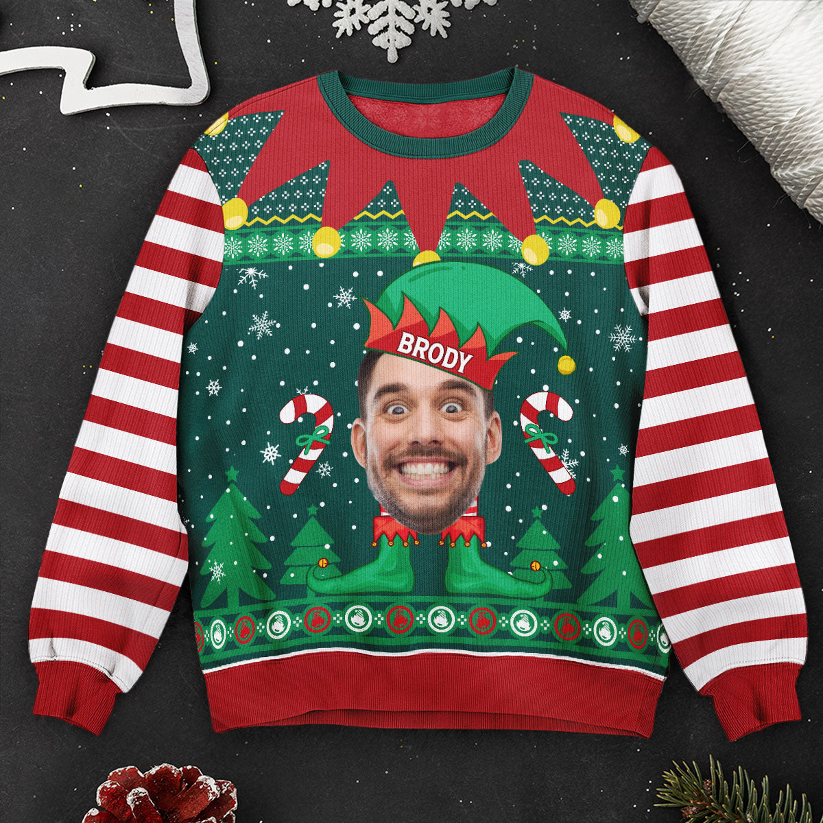 Elf Christmas Funny Face Family Name - Personalized Photo Ugly Sweater - Image 2