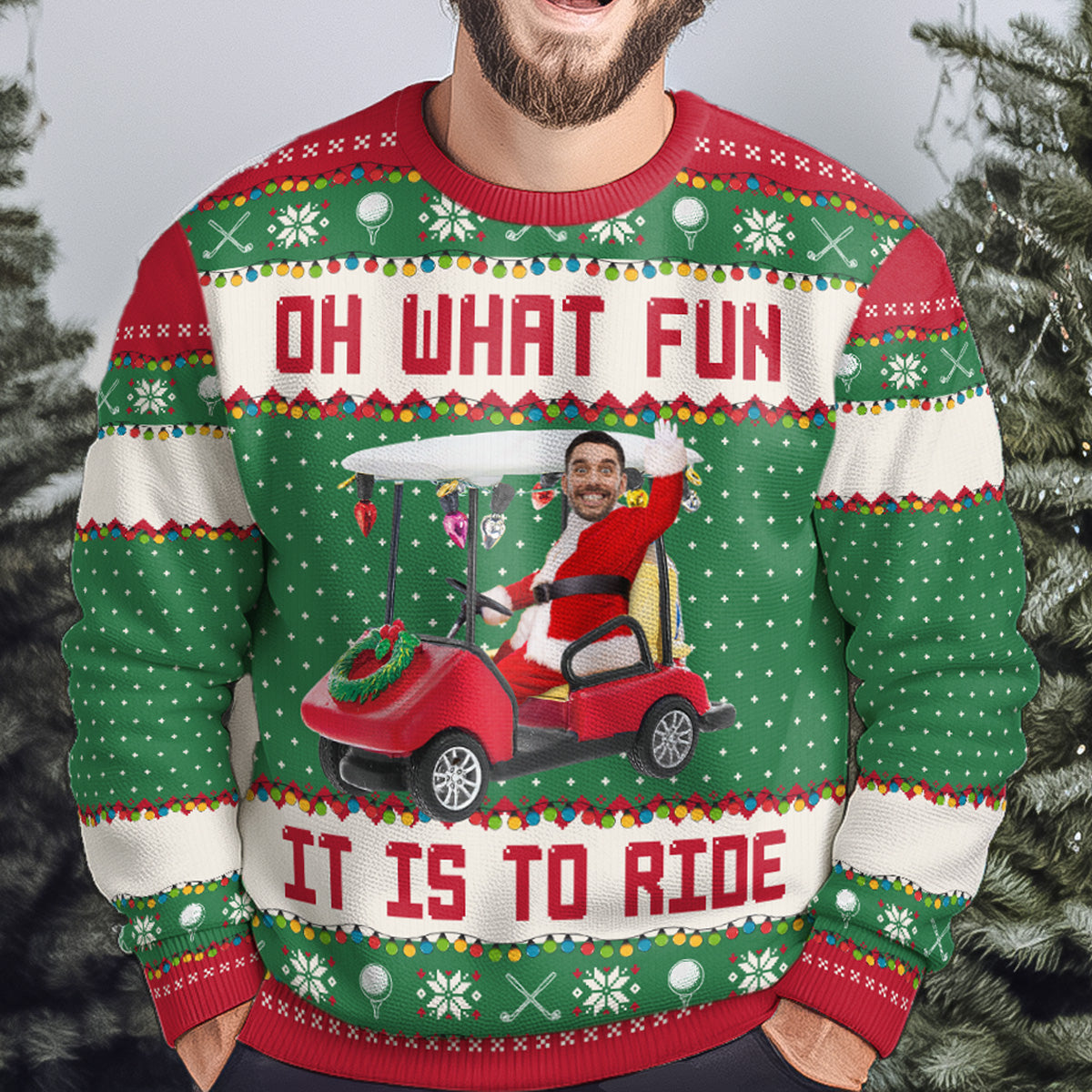 Oh What Fun It Is To Ride - Golfing Christmas Team - Personalized Photo Ugly Sweater - Image 2