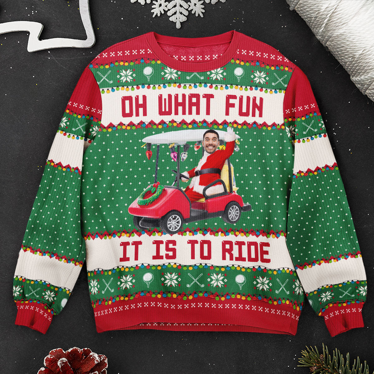 Oh What Fun It Is To Ride - Golfing Christmas Team - Personalized Photo Ugly Sweater - Image 4