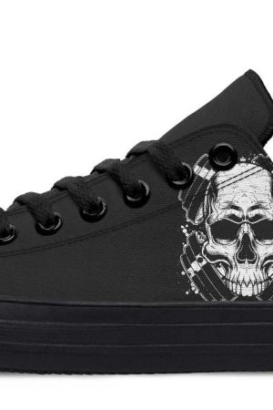 Mind On The Mission Skull Black Low-Top Sneakers - Tactical Edgy Style