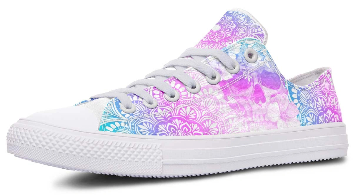 Mandala Skull Print White Low-Top Fashion Sneakers
