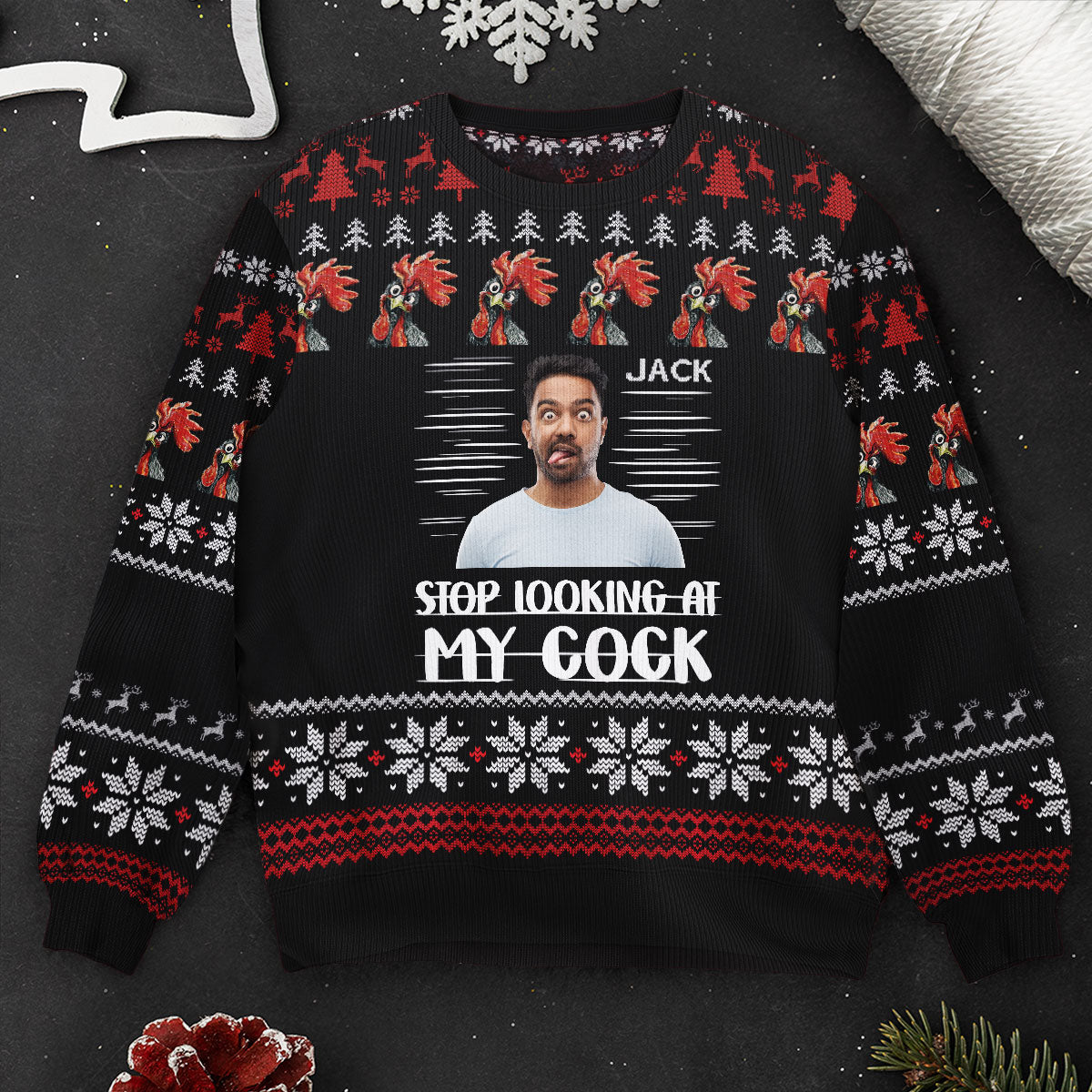Stop Looking At My Cock - Personalized Photo Ugly Sweater - Image 3