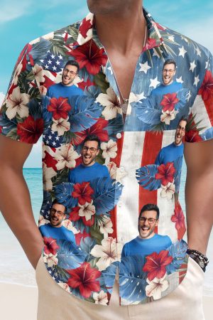 American Flag Tropical Independence Day Vintage Aloha - Custom Photo Hawaiian Shirts