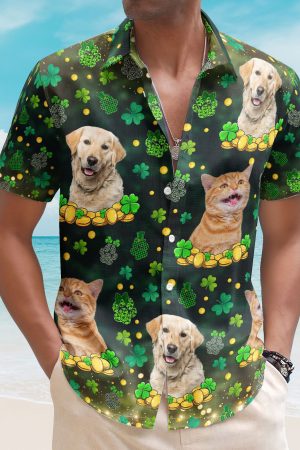 St.Patrick's Day Shamrock Paws Custom Funny Pet Face - Custom Photo Hawaiian Shirts